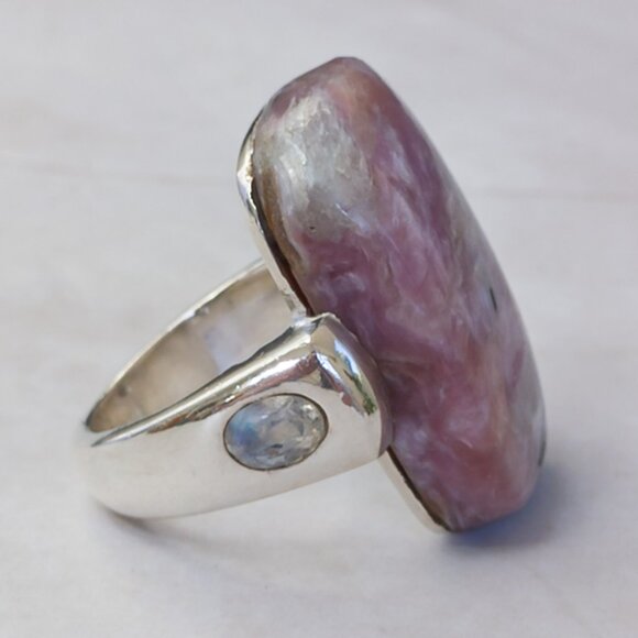 Sterling Silver Charoite & Moonstone Statement Ring – Size 7.75 - Picture 5 of 17